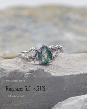 READY TO SHIP: Patricia ring in 14K or 18K white gold, natural moss agate pear cut 8x6 mm, accent lab grown diamonds, AVAILABLE RING SIZES: 4.5 - 9.5 US