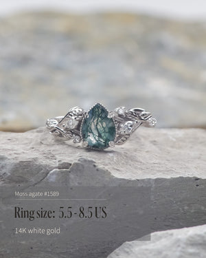 READY TO SHIP: Patricia ring in 14K or 18K white gold, natural moss agate pear cut 8x6 mm, accent lab grown diamonds, AVAILABLE RING SIZES: 4.5 - 9.5 US