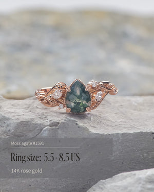 READY TO SHIP: Patricia ring in 14K or 18K rose gold, natural moss agate pear cut 8x6 mm, accent lab grown diamonds, AVAILABLE RING SIZES: 4.5 - 9.5 US