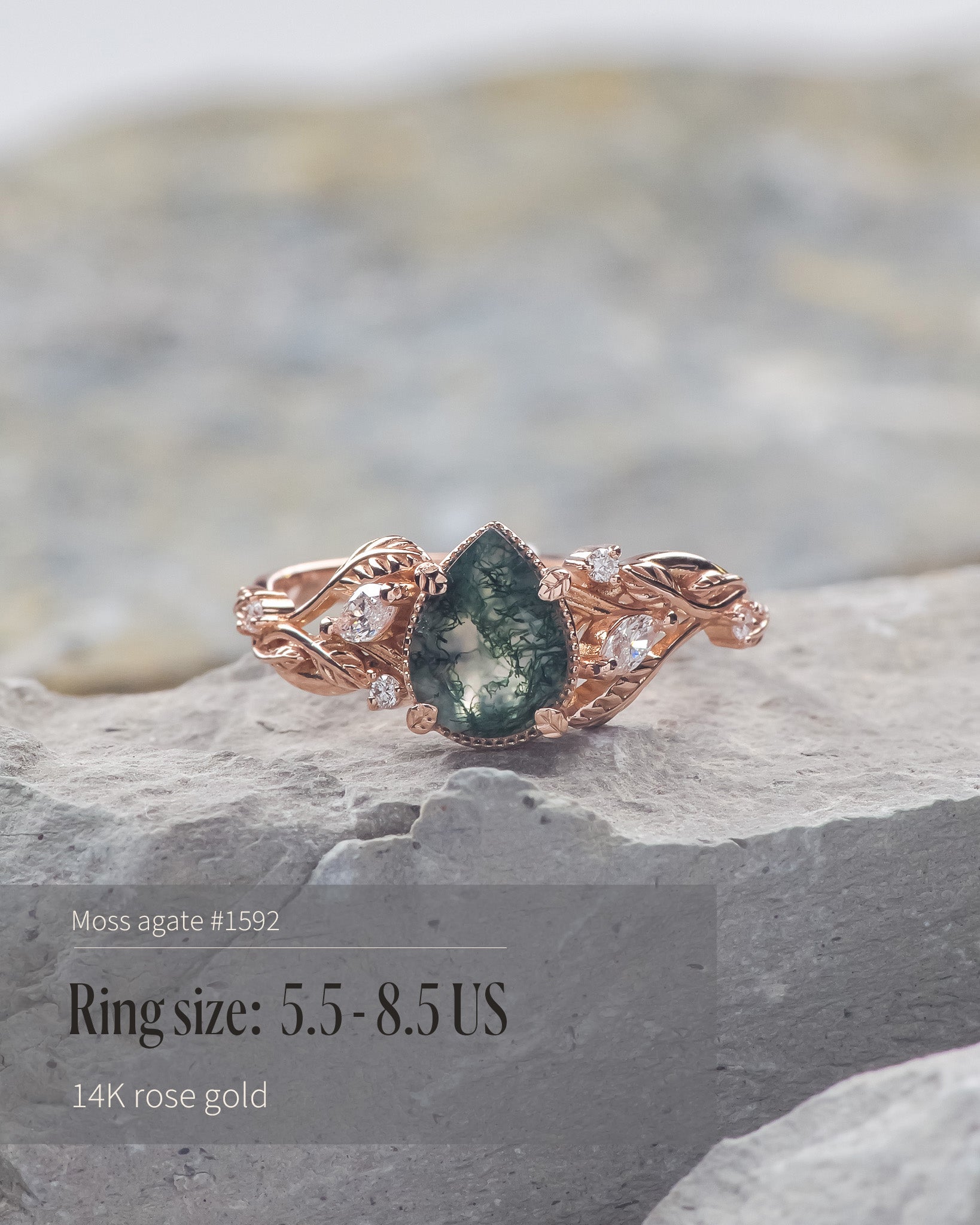 READY TO SHIP: Patricia ring in 14K or 18K rose gold, natural moss agate pear cut 8x6 mm, accent lab grown diamonds, AVAILABLE RING SIZES: 4.5 - 9.5 US