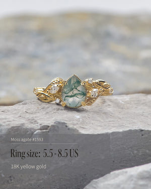 READY TO SHIP: Patricia ring in 14K or 18K yellow gold, natural moss agate pear cut 8x6 mm, accent lab grown diamonds, AVAILABLE RING SIZES: 5.5 - 9.5 US