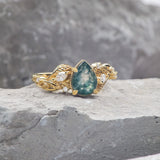 READY TO SHIP: Patricia ring in 14K or 18K yellow gold, natural moss agate pear cut 8x6 mm, accent lab grown diamonds, AVAILABLE RING SIZES: 5.5 - 9.5 US