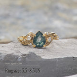 READY TO SHIP: Patricia ring in 14K or 18K yellow gold, natural moss agate pear cut 8x6 mm, accent lab grown diamonds, AVAILABLE RING SIZES: 5.5 - 9.5 US