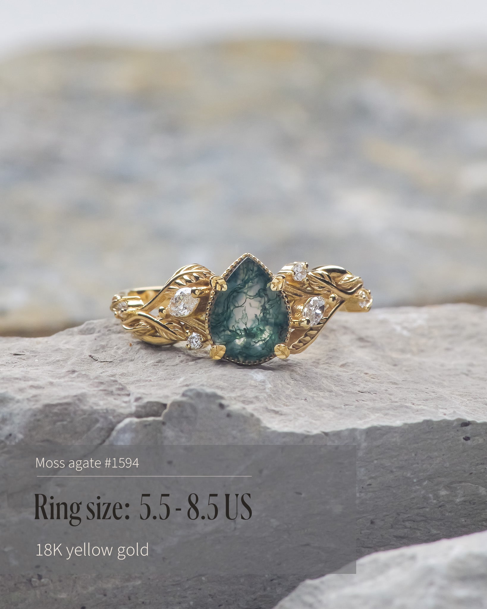 READY TO SHIP: Patricia ring in 14K or 18K yellow gold, natural moss agate pear cut 8x6 mm, accent lab grown diamonds, AVAILABLE RING SIZES: 5.5 - 9.5 US