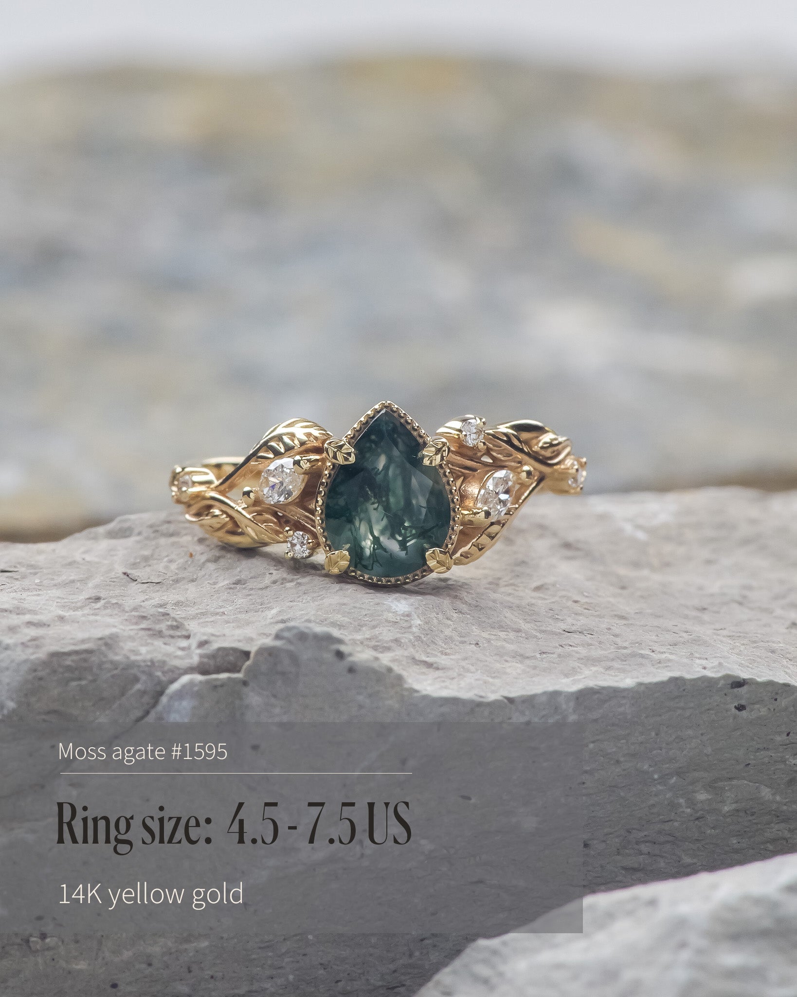 READY TO SHIP: Patricia ring in 14K or 18K yellow gold, natural moss agate pear cut 8x6 mm, accent lab grown diamonds, AVAILABLE RING SIZES: 5.5 - 9.5 US