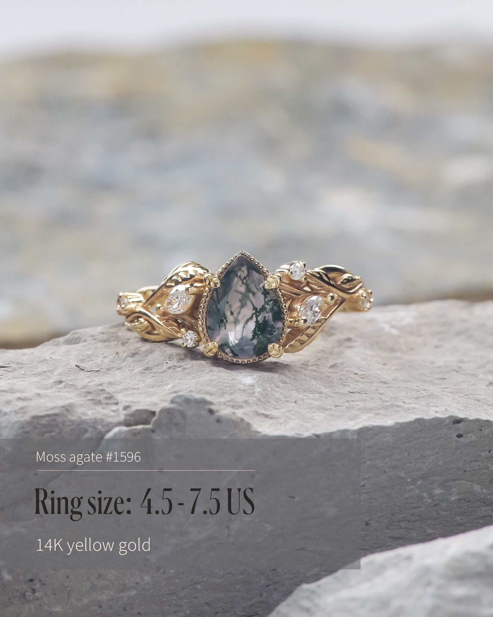 READY TO SHIP: Patricia ring in 14K or 18K yellow gold, natural moss agate pear cut 8x6 mm, accent lab grown diamonds, AVAILABLE RING SIZES: 5.5 - 9.5 US