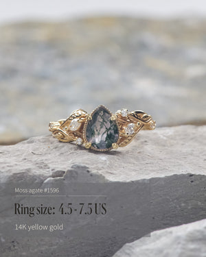 READY TO SHIP: Patricia ring in 14K or 18K yellow gold, natural moss agate pear cut 8x6 mm, accent lab grown diamonds, AVAILABLE RING SIZES: 5.5 - 9.5 US