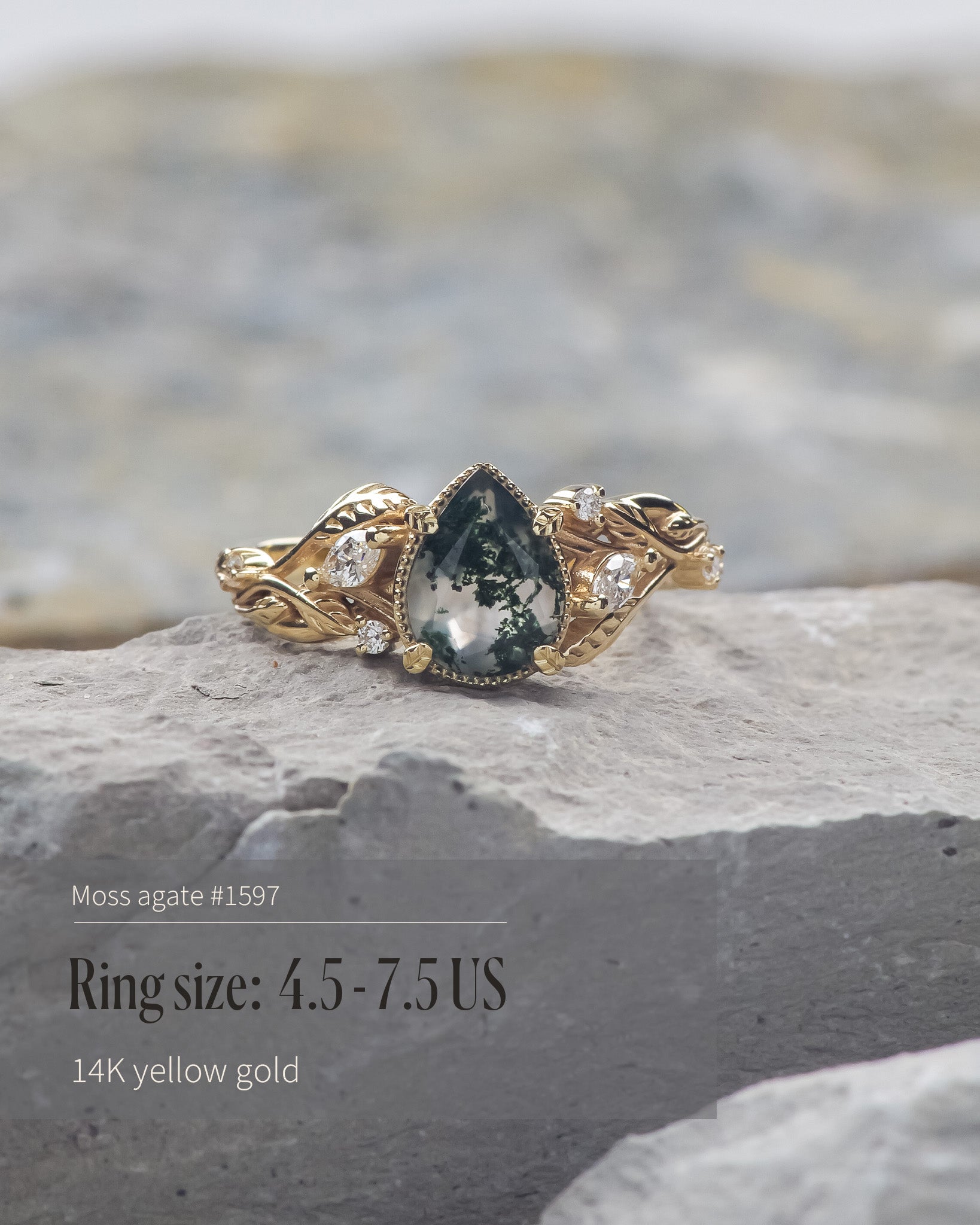 READY TO SHIP: Patricia ring in 14K or 18K yellow gold, natural moss agate pear cut 8x6 mm, accent lab grown diamonds, AVAILABLE RING SIZES: 5.5 - 9.5 US