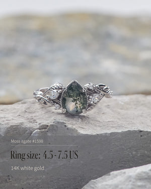 READY TO SHIP: Patricia ring in 14K or 18K white gold, natural moss agate pear cut 8x6 mm, accent lab grown diamonds, AVAILABLE RING SIZES: 4.5 - 9.5 US