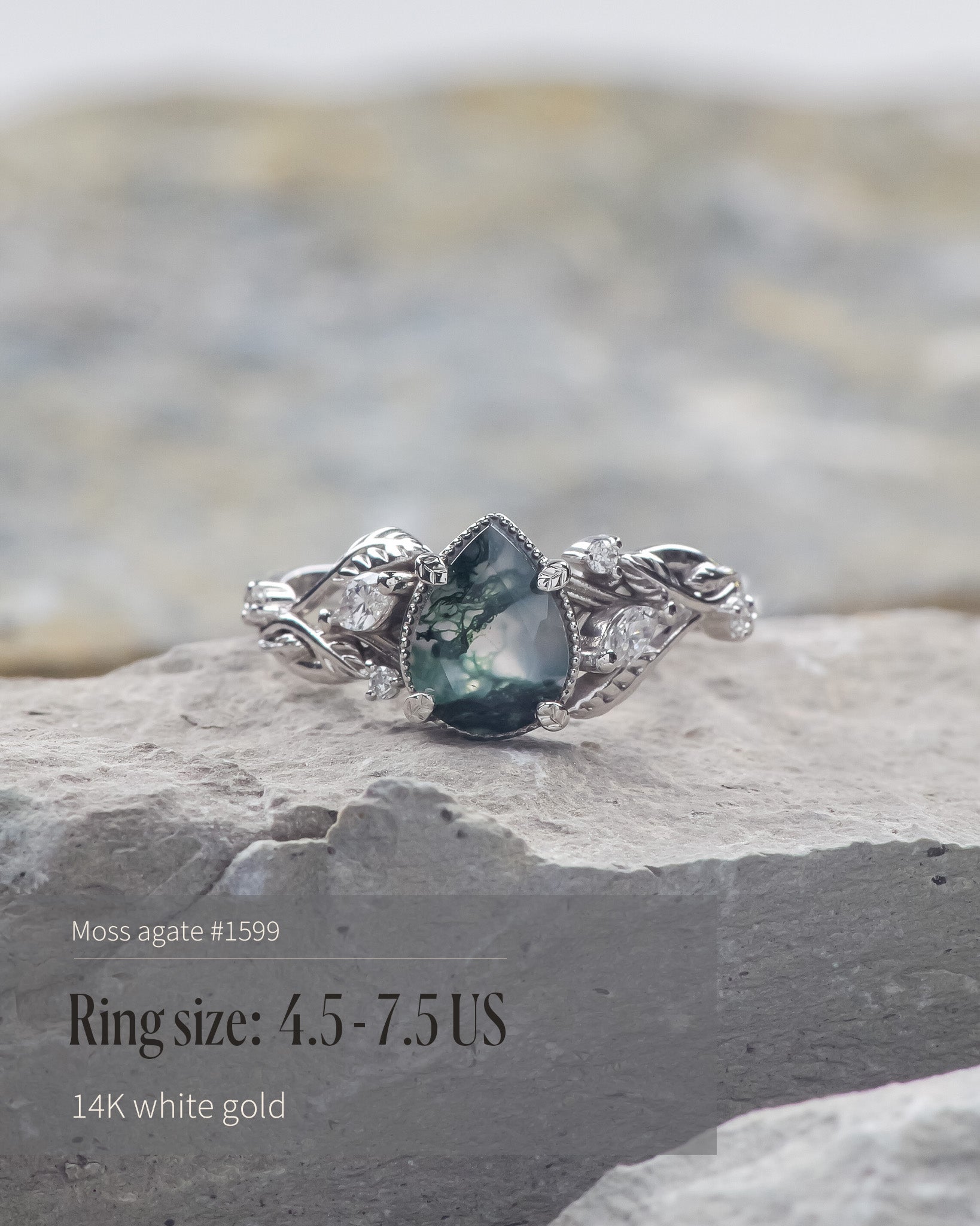 READY TO SHIP: Patricia ring in 14K or 18K white gold, natural moss agate pear cut 8x6 mm, accent lab grown diamonds, AVAILABLE RING SIZES: 4.5 - 9.5 US