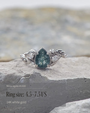 READY TO SHIP: Patricia ring in 14K or 18K white gold, natural moss agate pear cut 8x6 mm, accent lab grown diamonds, AVAILABLE RING SIZES: 4.5 - 9.5 US