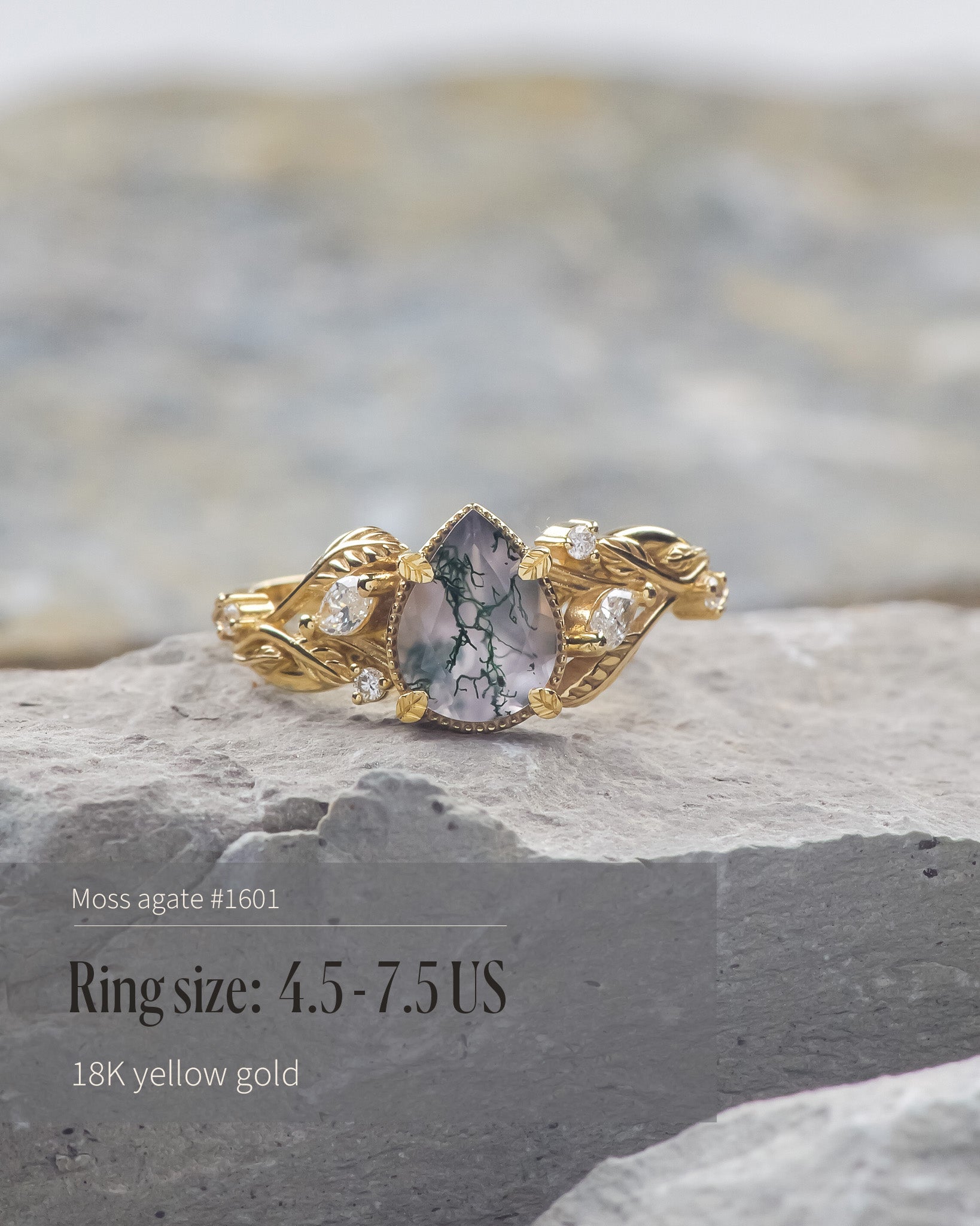 READY TO SHIP: Patricia ring in 14K or 18K yellow gold, natural moss agate pear cut 8x6 mm, accent lab grown diamonds, AVAILABLE RING SIZES: 5.5 - 9.5 US