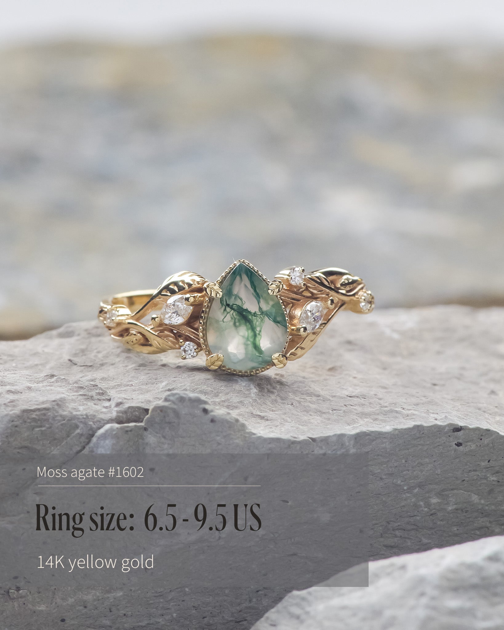 READY TO SHIP: Patricia ring in 14K or 18K yellow gold, natural moss agate pear cut 8x6 mm, accent lab grown diamonds, AVAILABLE RING SIZES: 5.5 - 9.5 US