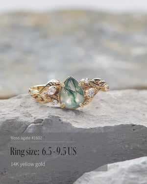 READY TO SHIP: Patricia ring in 14K or 18K yellow gold, natural moss agate pear cut 8x6 mm, accent lab grown diamonds, AVAILABLE RING SIZES: 5.5 - 9.5 US