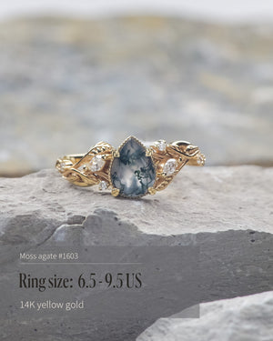 READY TO SHIP: Patricia ring in 14K or 18K yellow gold, natural moss agate pear cut 8x6 mm, accent lab grown diamonds, AVAILABLE RING SIZES: 5.5 - 9.5 US