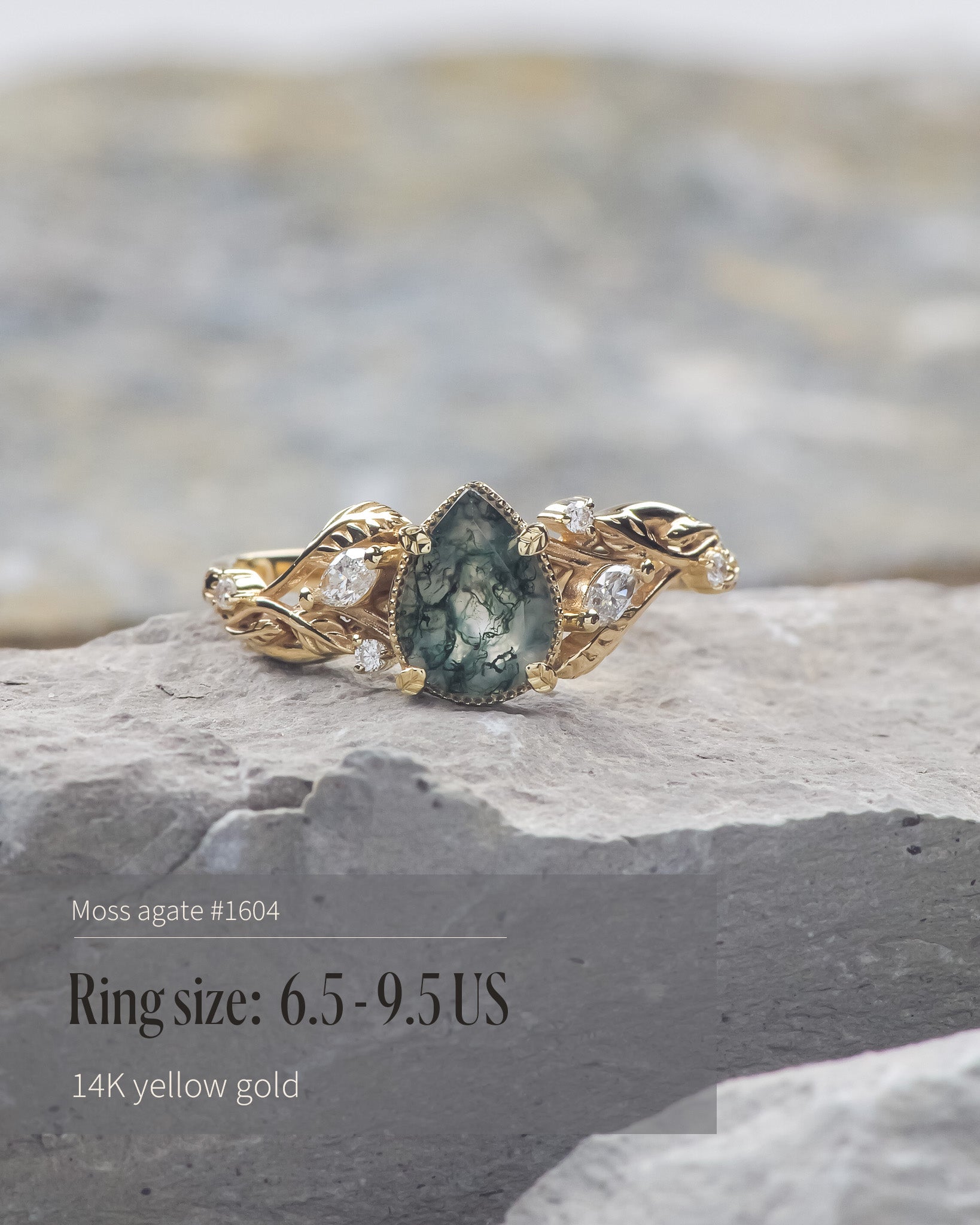 READY TO SHIP: Patricia ring in 14K or 18K yellow gold, natural moss agate pear cut 8x6 mm, accent lab grown diamonds, AVAILABLE RING SIZES: 5.5 - 9.5 US