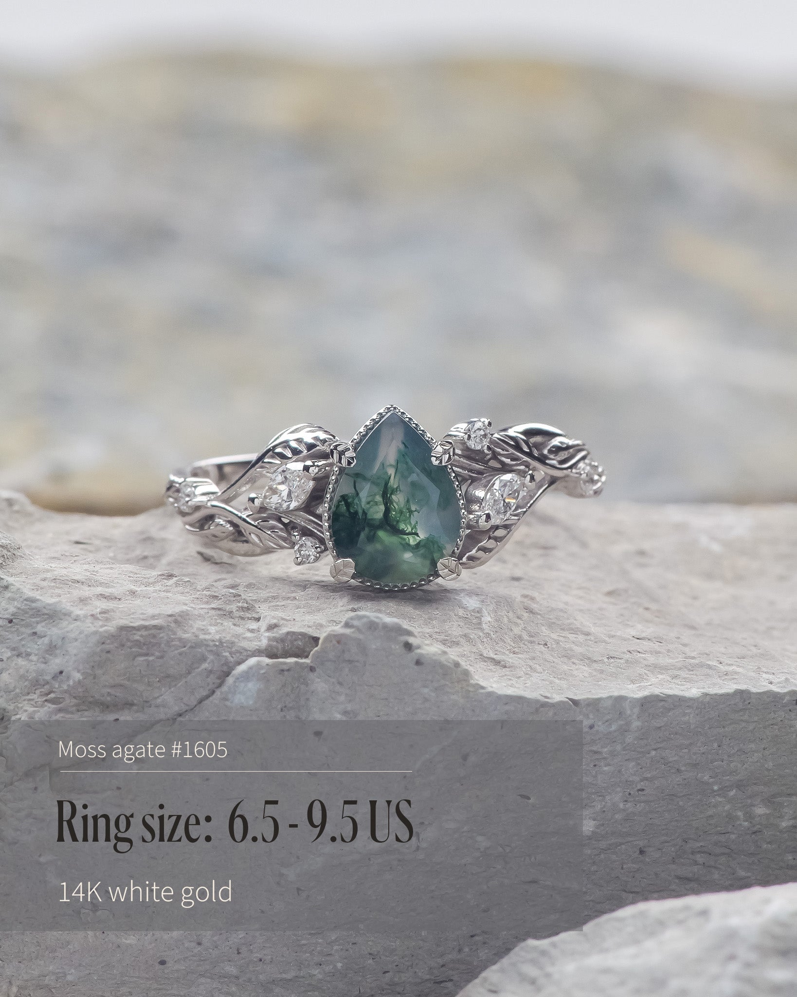 READY TO SHIP: Patricia ring in 14K or 18K white gold, natural moss agate pear cut 8x6 mm, accent lab grown diamonds, AVAILABLE RING SIZES: 4.5 - 9.5 US