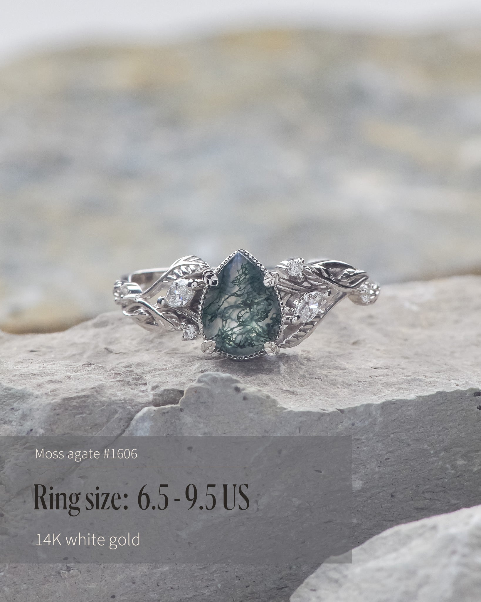 READY TO SHIP: Patricia ring in 14K or 18K white gold, natural moss agate pear cut 8x6 mm, accent lab grown diamonds, AVAILABLE RING SIZES: 4.5 - 9.5 US