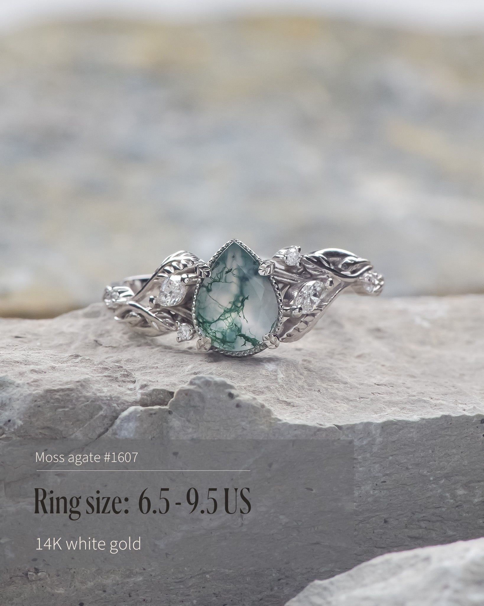 READY TO SHIP: Patricia ring in 14K or 18K white gold, natural moss agate pear cut 8x6 mm, accent lab grown diamonds, AVAILABLE RING SIZES: 4.5 - 9.5 US