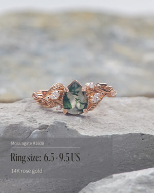 READY TO SHIP: Patricia ring in 14K or 18K rose gold, natural moss agate pear cut 8x6 mm, accent lab grown diamonds, AVAILABLE RING SIZES: 4.5 - 9.5 US