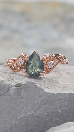 READY TO SHIP: Patricia ring in 14K or 18K rose gold, natural moss agate pear cut 8x6 mm, accent lab grown diamonds, AVAILABLE RING SIZES: 4.5 - 9.5 US - Eden Garden Jewelry™