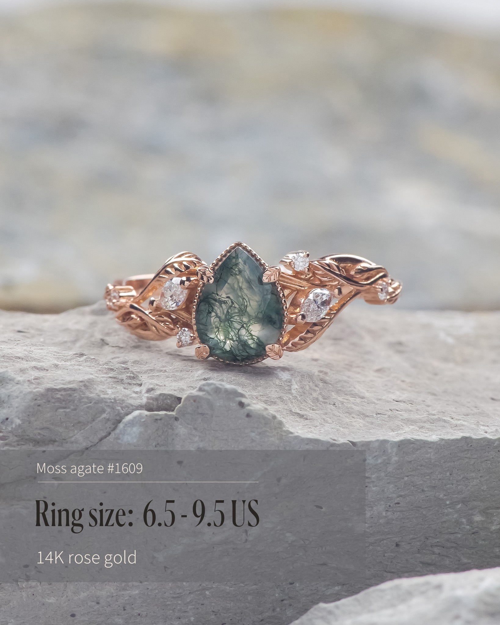 READY TO SHIP: Patricia ring in 14K or 18K rose gold, natural moss agate pear cut 8x6 mm, accent lab grown diamonds, AVAILABLE RING SIZES: 4.5 - 9.5 US