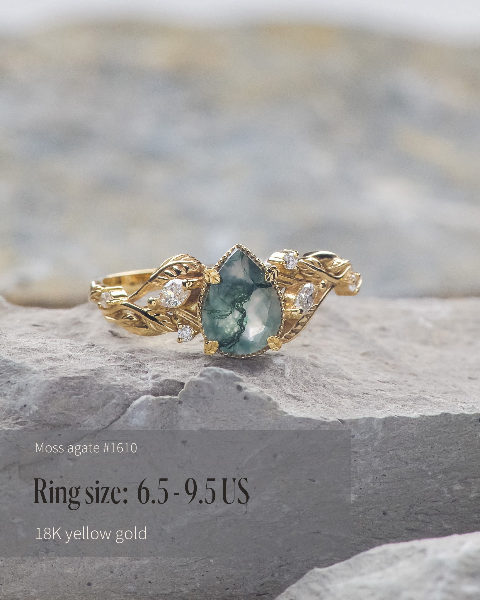 READY TO SHIP: Patricia ring in 14K or 18K yellow gold, natural moss agate pear cut 8x6 mm, accent lab grown diamonds, AVAILABLE RING SIZES: 5.5 - 9.5 US