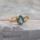 READY TO SHIP: Patricia ring in 14K or 18K yellow gold, natural moss agate pear cut 8x6 mm, accent lab grown diamonds, AVAILABLE RING SIZES: 5.5 - 9.5 US