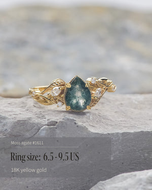 READY TO SHIP: Patricia ring in 14K or 18K yellow gold, natural moss agate pear cut 8x6 mm, accent lab grown diamonds, AVAILABLE RING SIZES: 5.5 - 9.5 US