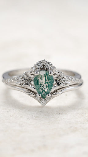 READY TO SHIP: Amelia in 14K white gold, bridal set with natural moss agate and diamonds, AVAILABLE RING SIZES: 5.5 - 8.5 US - Eden Garden Jewelry™