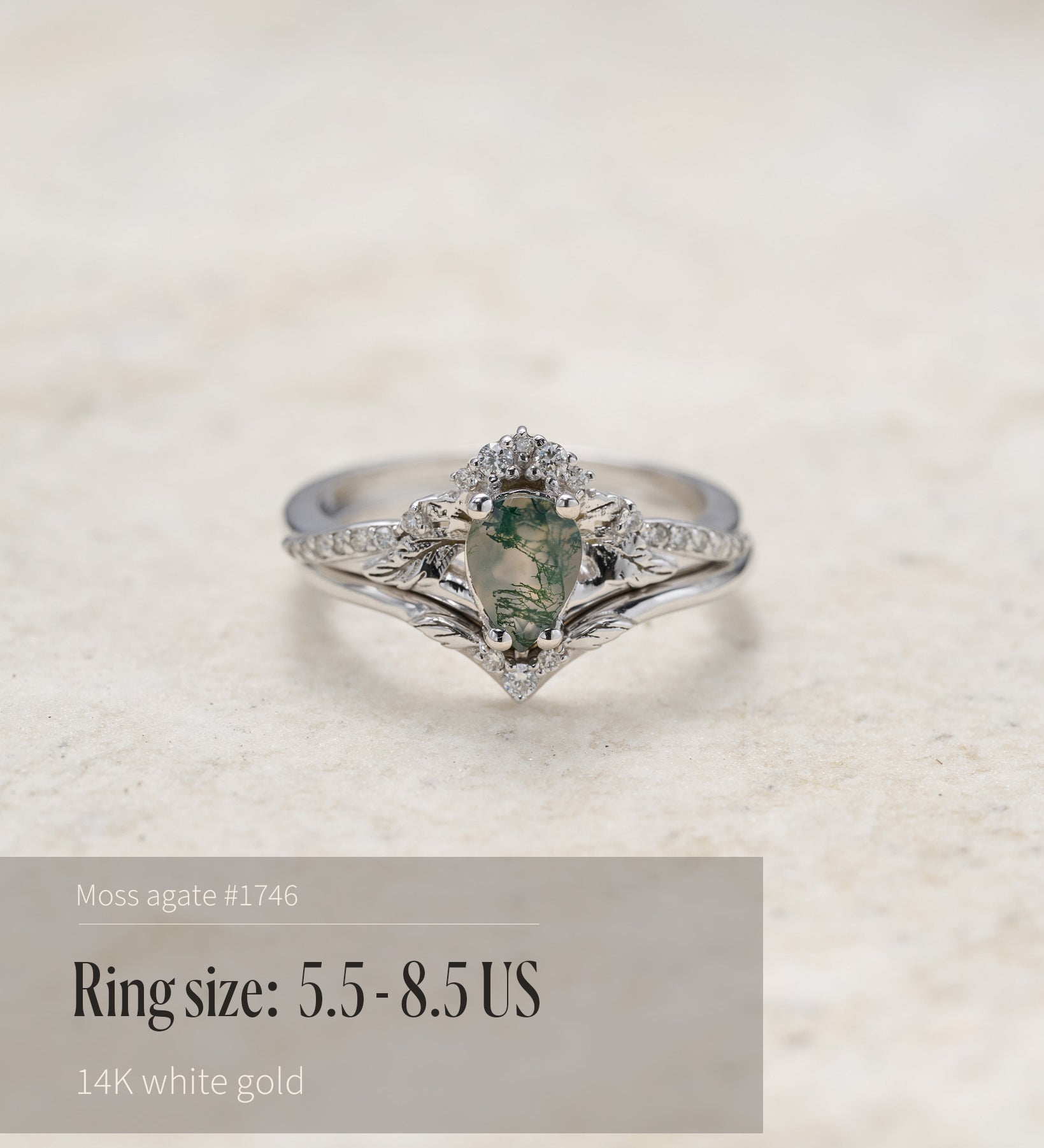 READY TO SHIP: Amelia in 14K white gold, bridal set with natural moss agate and diamonds, AVAILABLE RING SIZES: 5.5 - 8.5 US