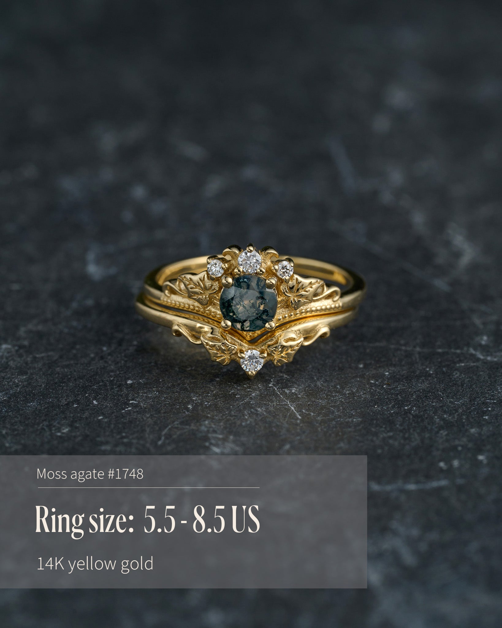 READY TO SHIP: Ariadne bridal ring set in 14K yellow gold, round moss agate, accents lab grown diamonds, AVAILABLE RING SIZES: 5.5 - 11 US - Eden Garden Jewelry™