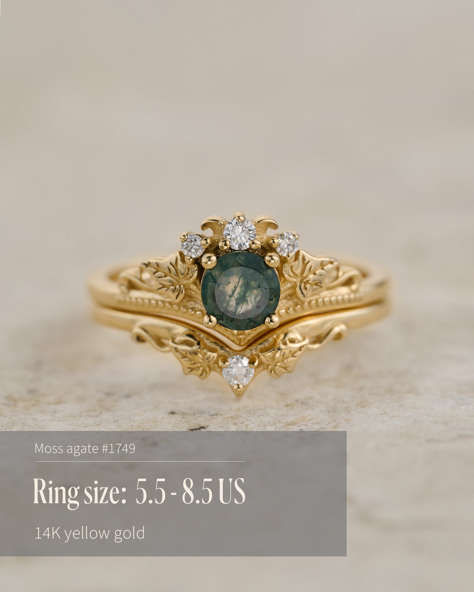 READY TO SHIP: Ariadne bridal ring set in 14K yellow gold, round moss agate, accents lab grown diamonds, AVAILABLE RING SIZES: 5.5 - 11 US - Eden Garden Jewelry™