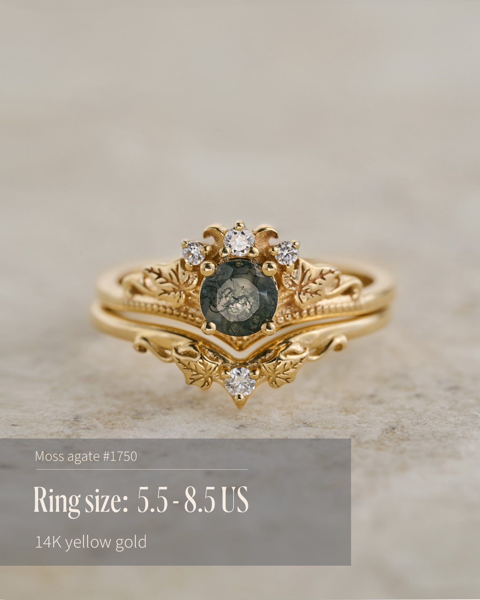 READY TO SHIP: Ariadne bridal ring set in 14K yellow gold, round moss agate, accents lab grown diamonds, AVAILABLE RING SIZES: 5.5 - 11 US - Eden Garden Jewelry™
