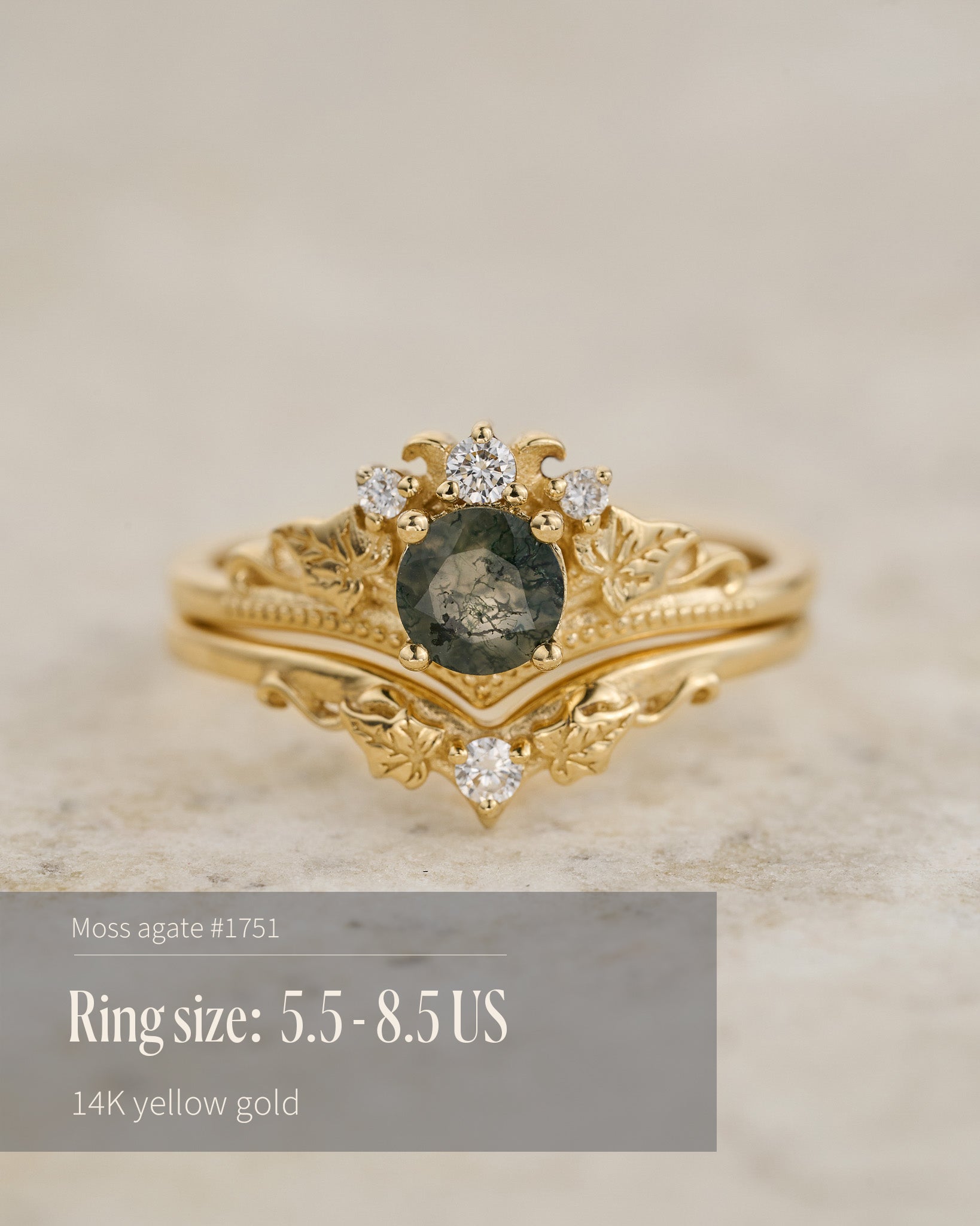 READY TO SHIP: Ariadne bridal ring set in 14K yellow gold, round moss agate, accents lab grown diamonds, AVAILABLE RING SIZES: 5.5 - 11 US - Eden Garden Jewelry™