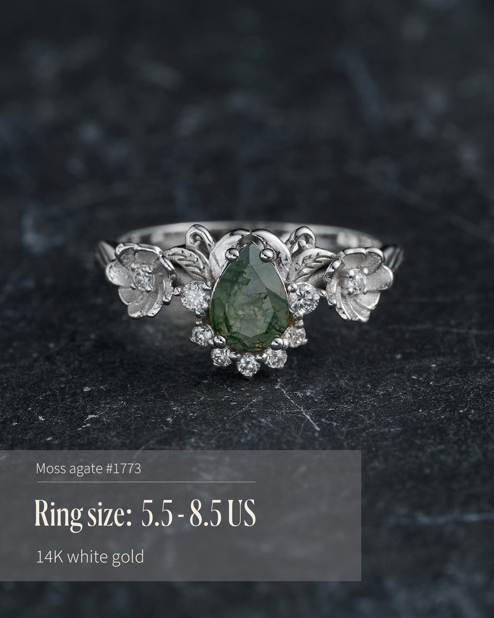 READY TO SHIP: Adelina half halo engagement ring with moss agate and diamonds, 14K white gold, RING SIZES: 5.5 - 8.5 US - Eden Garden Jewelry™