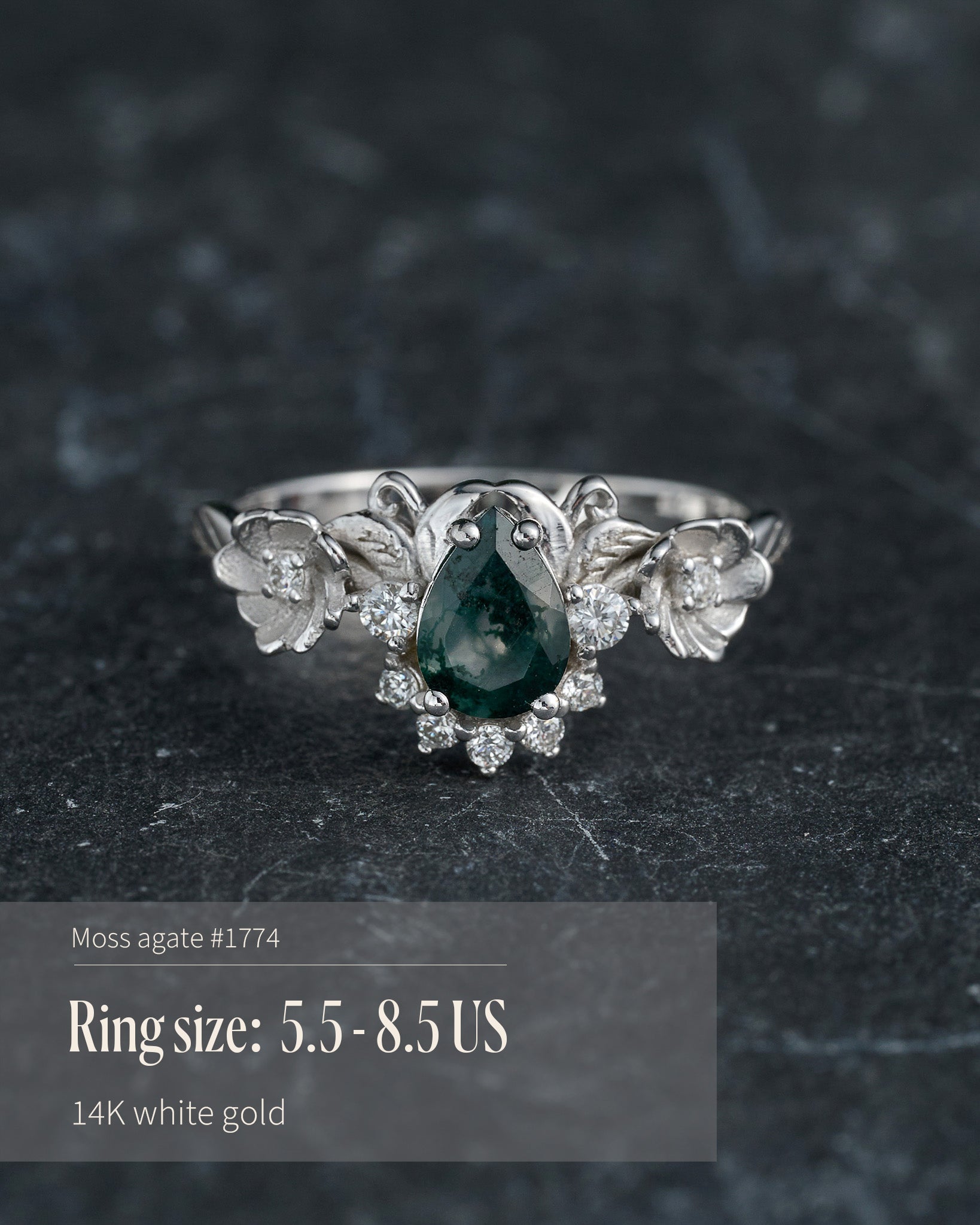 READY TO SHIP: Adelina half halo engagement ring with moss agate and diamonds, 14K white gold, RING SIZES: 5.5 - 8.5 US - Eden Garden Jewelry™