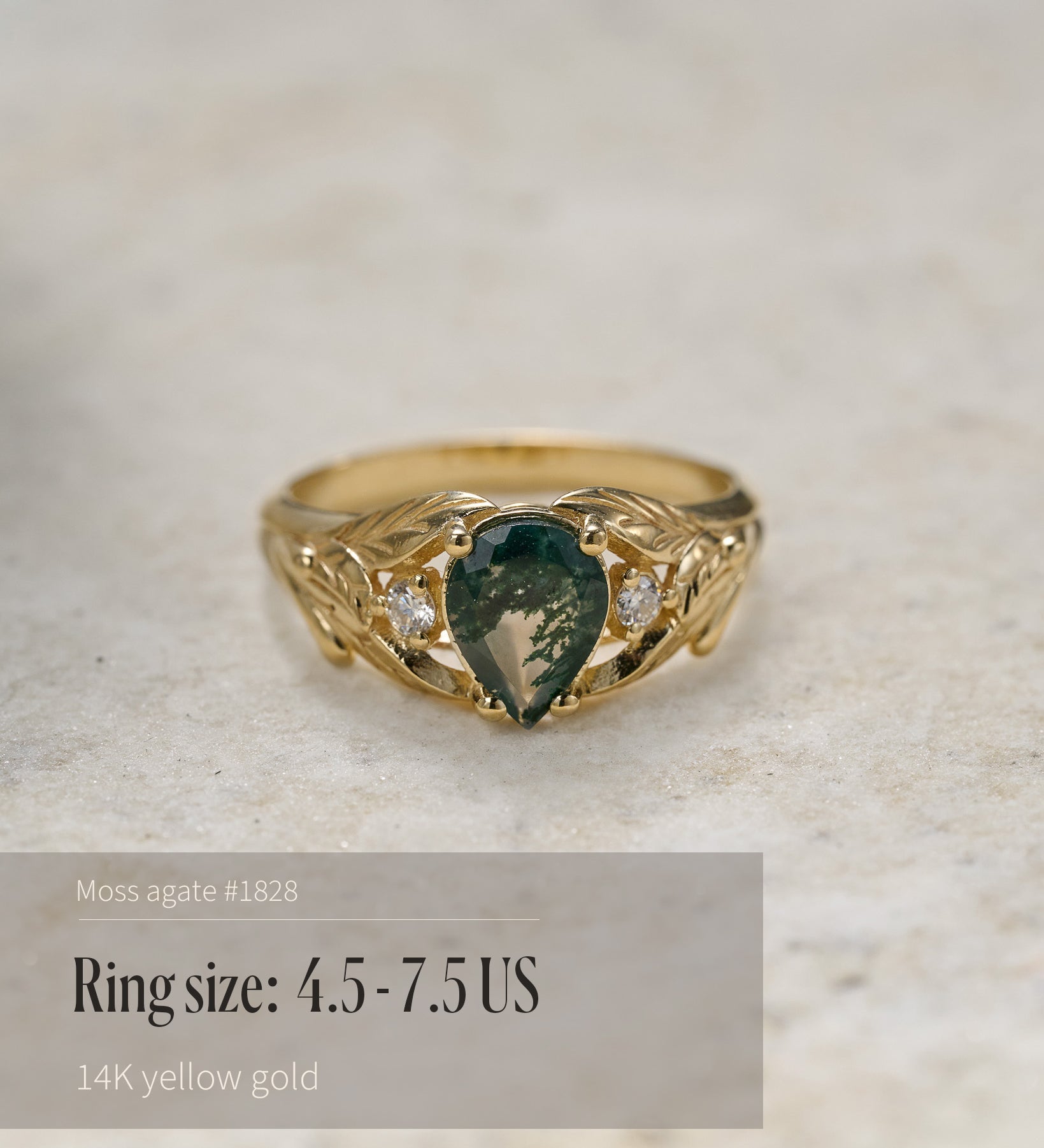 READY TO SHIP: Wisteria ring in 14K yellow gold, pear moss agate, accent lab grown diamonds, RING SIZE: 4.5 - 9.5 US