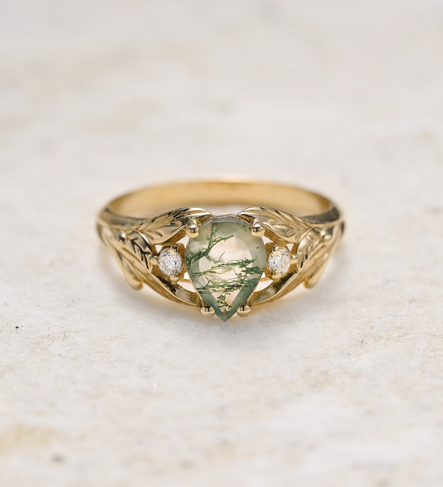 Green moss agate engagement ring, promise leaf ring with diamonds / Wisteria - Eden Garden Jewelry™