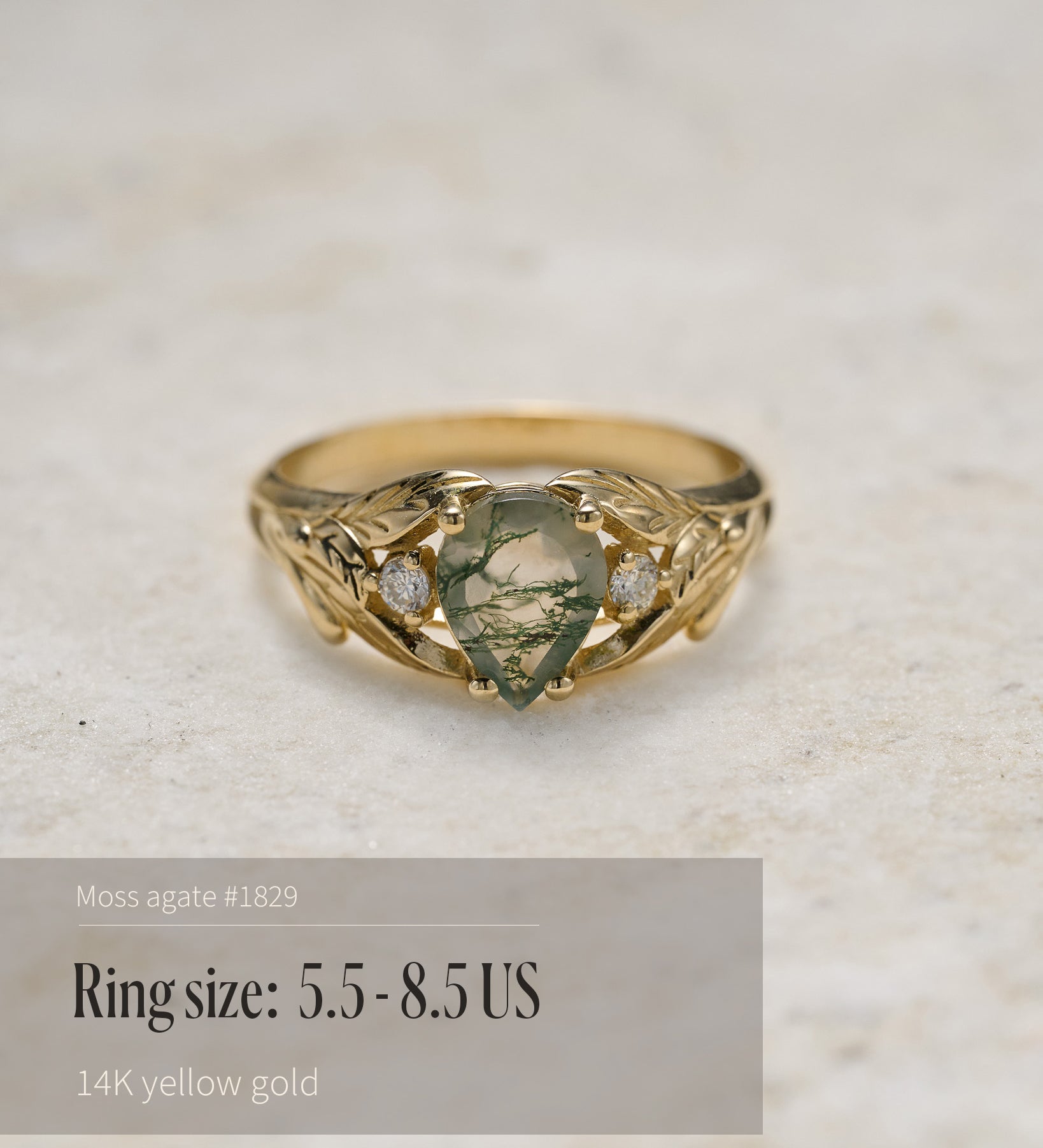 READY TO SHIP: Wisteria ring in 14K yellow gold, pear moss agate, accent lab grown diamonds, RING SIZE: 4.5 - 9.5 US