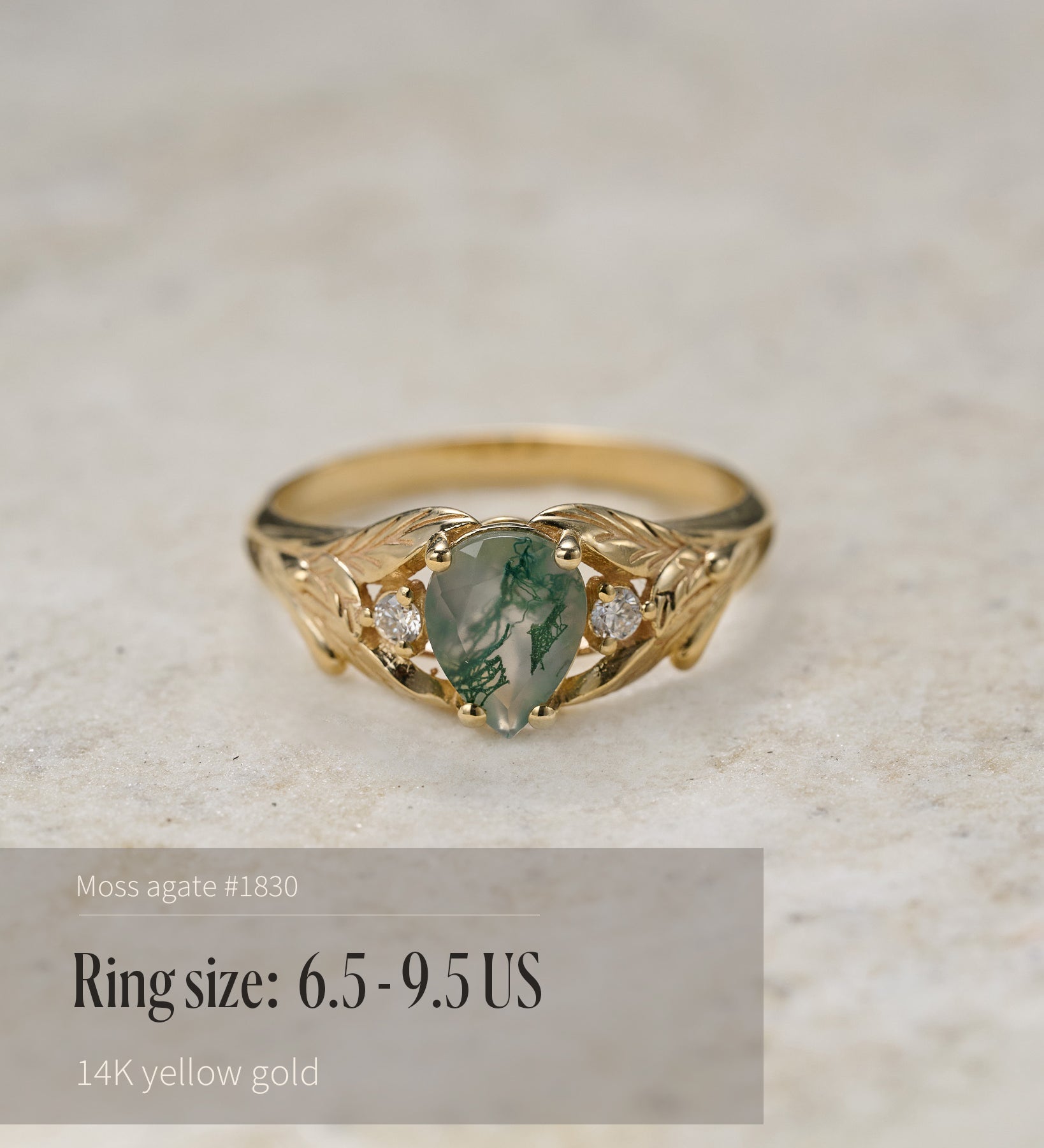 READY TO SHIP: Wisteria ring in 14K yellow gold, pear moss agate, accent lab grown diamonds, RING SIZE: 4.5 - 9.5 US