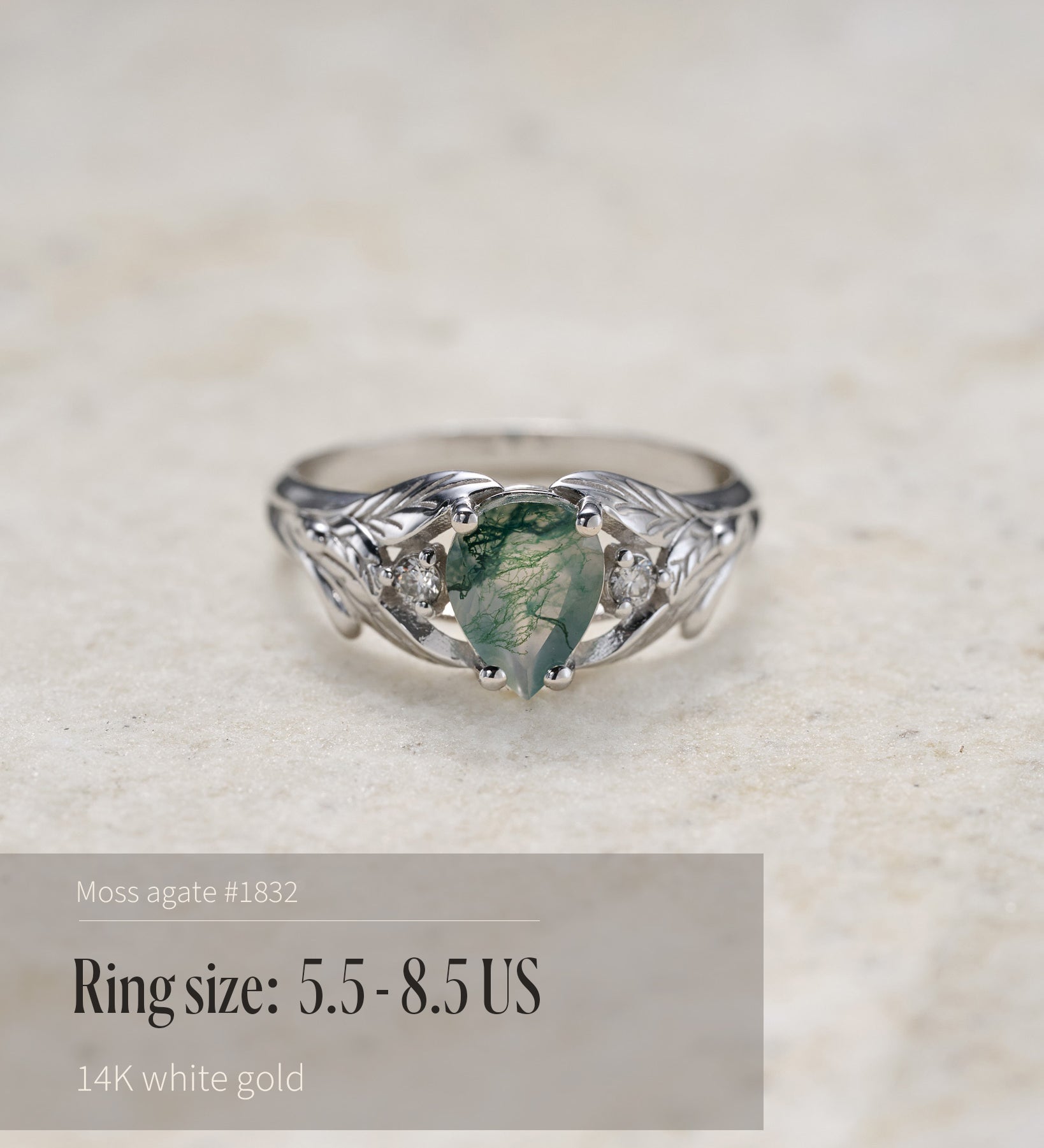 READY TO SHIP: Wisteria ring in 14K white gold, pear moss agate, accent lab grown diamonds, RING SIZE: 4.5 - 9.5 US