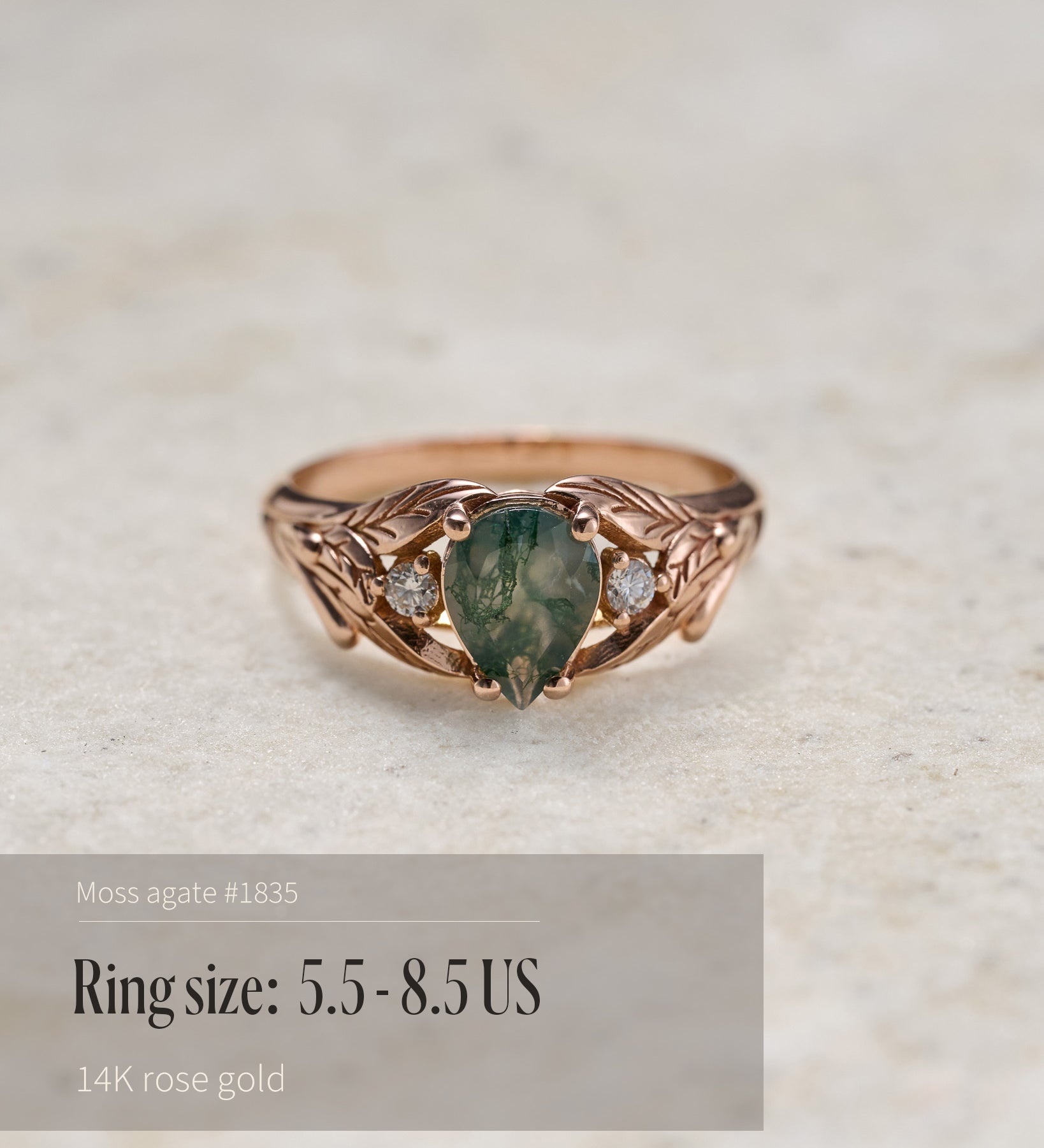 READY TO SHIP: Wisteria ring in 14K rose gold, pear moss agate, accent lab grown diamonds, RING SIZE: 4.5 - 9.5 US