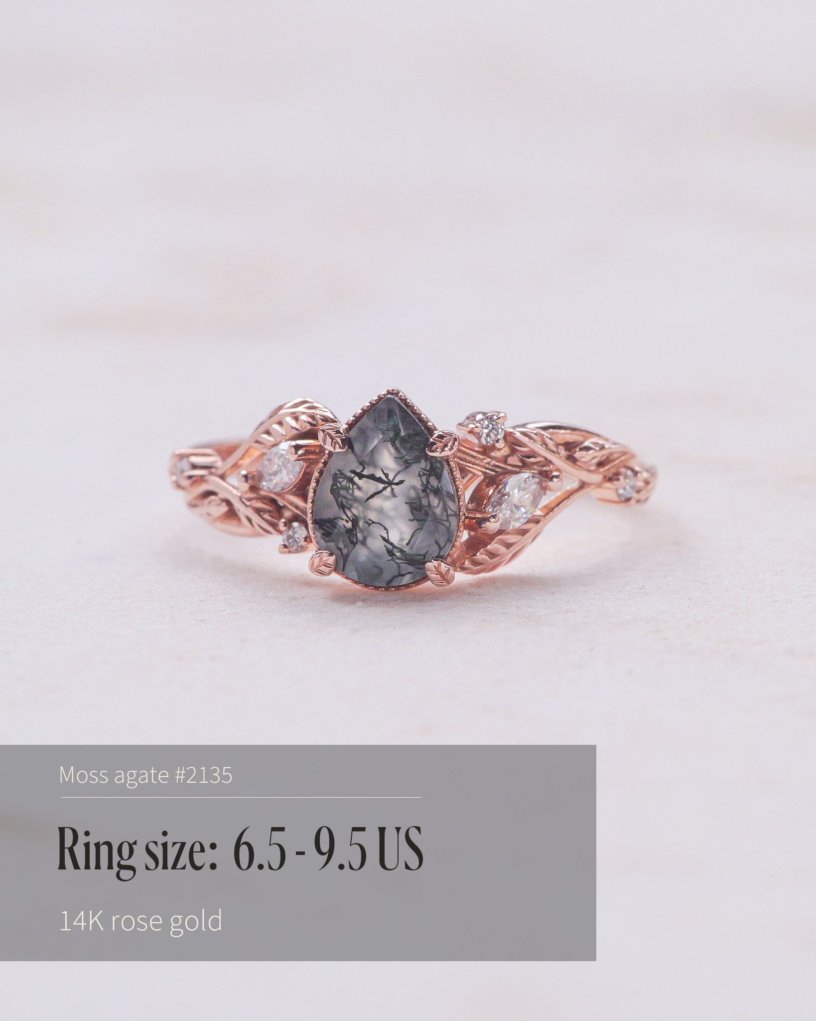 READY TO SHIP: Patricia ring in 14K or 18K rose gold, natural moss agate pear cut 8x6 mm, accent lab grown diamonds, AVAILABLE RING SIZES: 4.5 - 9.5 US - Eden Garden Jewelry™