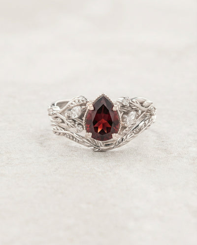 Red Garnet Bridal Set with Accent Diamonds in Leafy Design / Patricia - Eden Garden Jewelry™