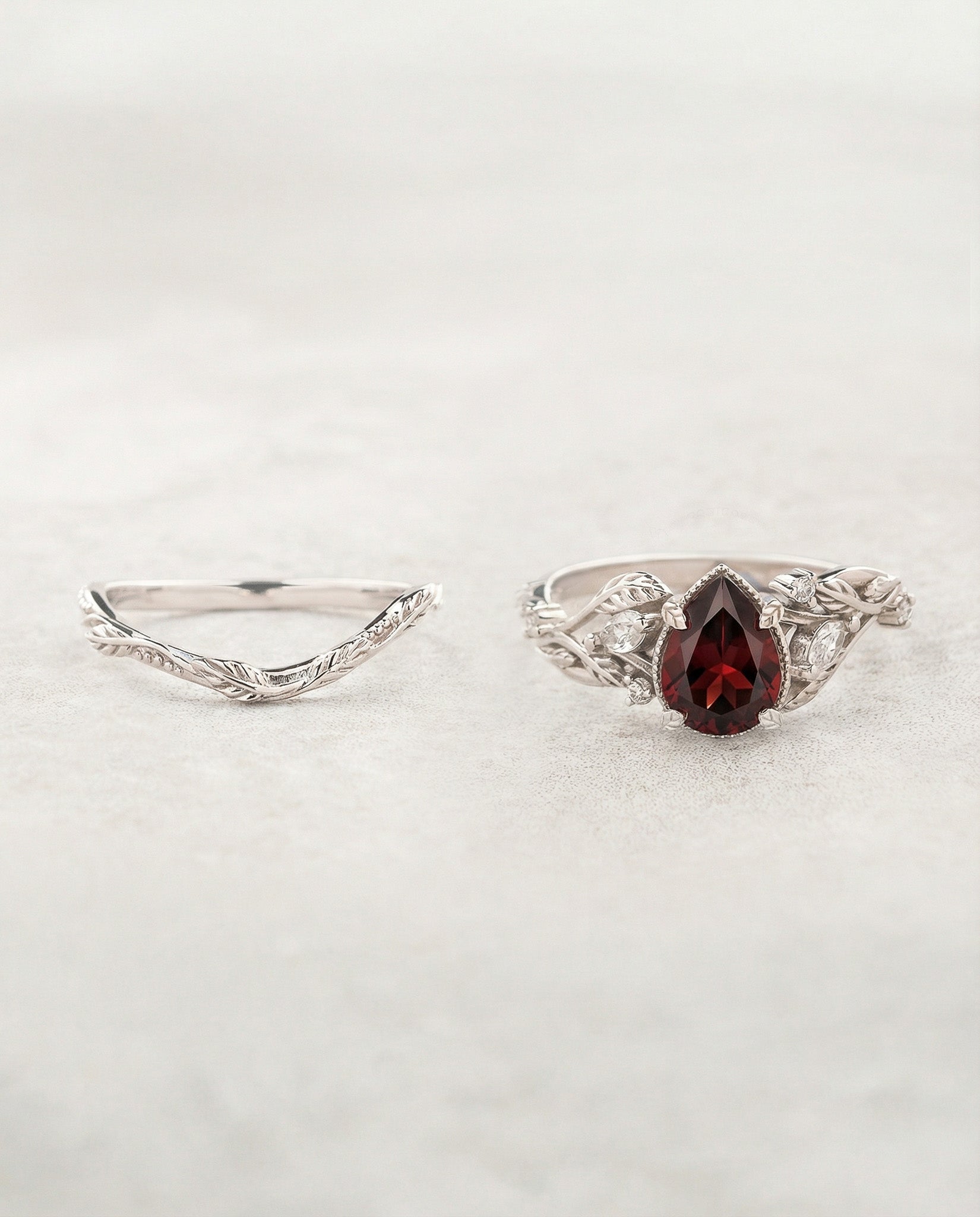 Red Garnet Bridal Set with Accent Diamonds in Leafy Design / Patricia - Eden Garden Jewelry™