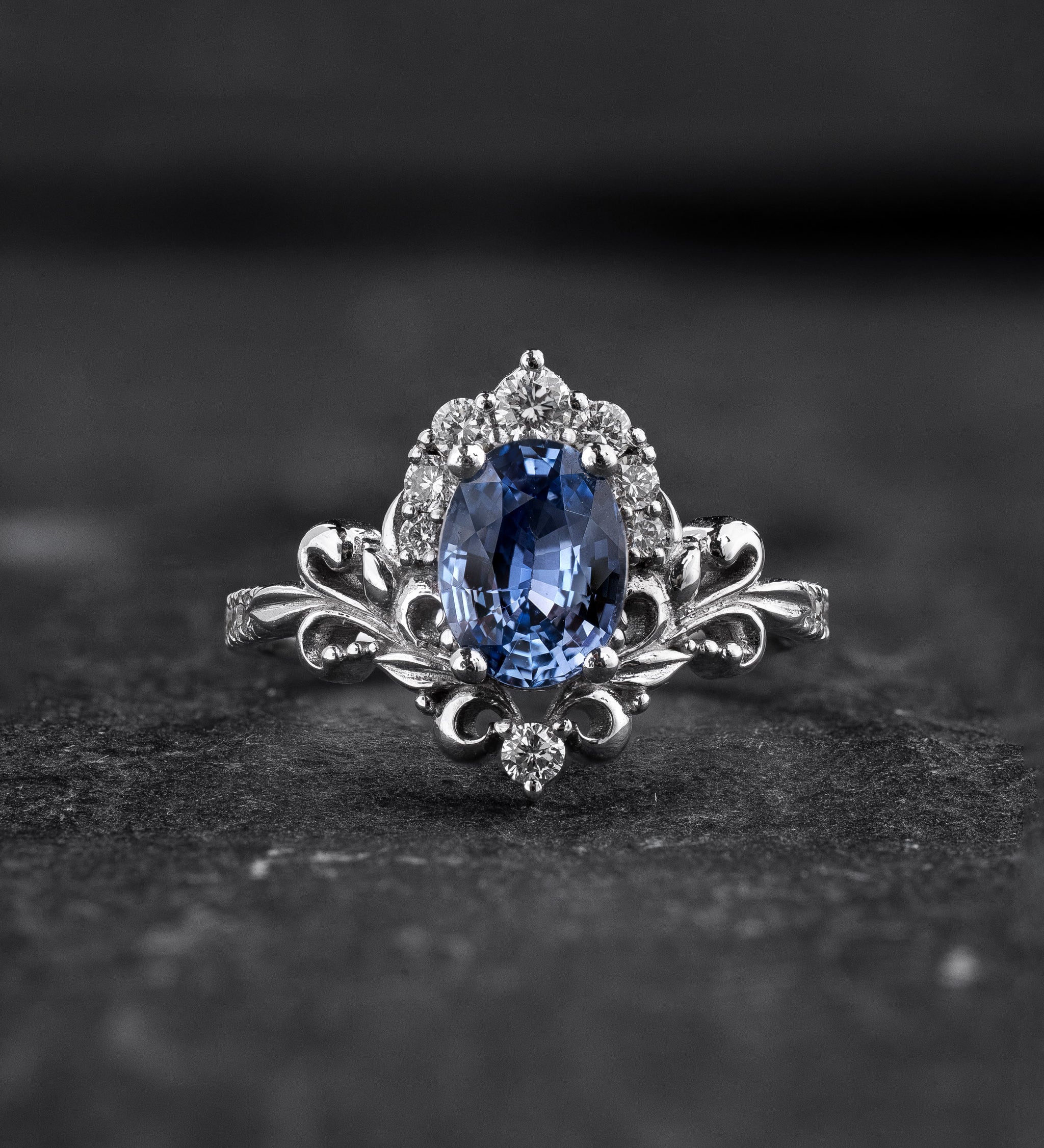 Bridal Set with Oval Blue (Natural) Sapphire and Diamond Crown / Sophie - Eden Garden Jewelry™