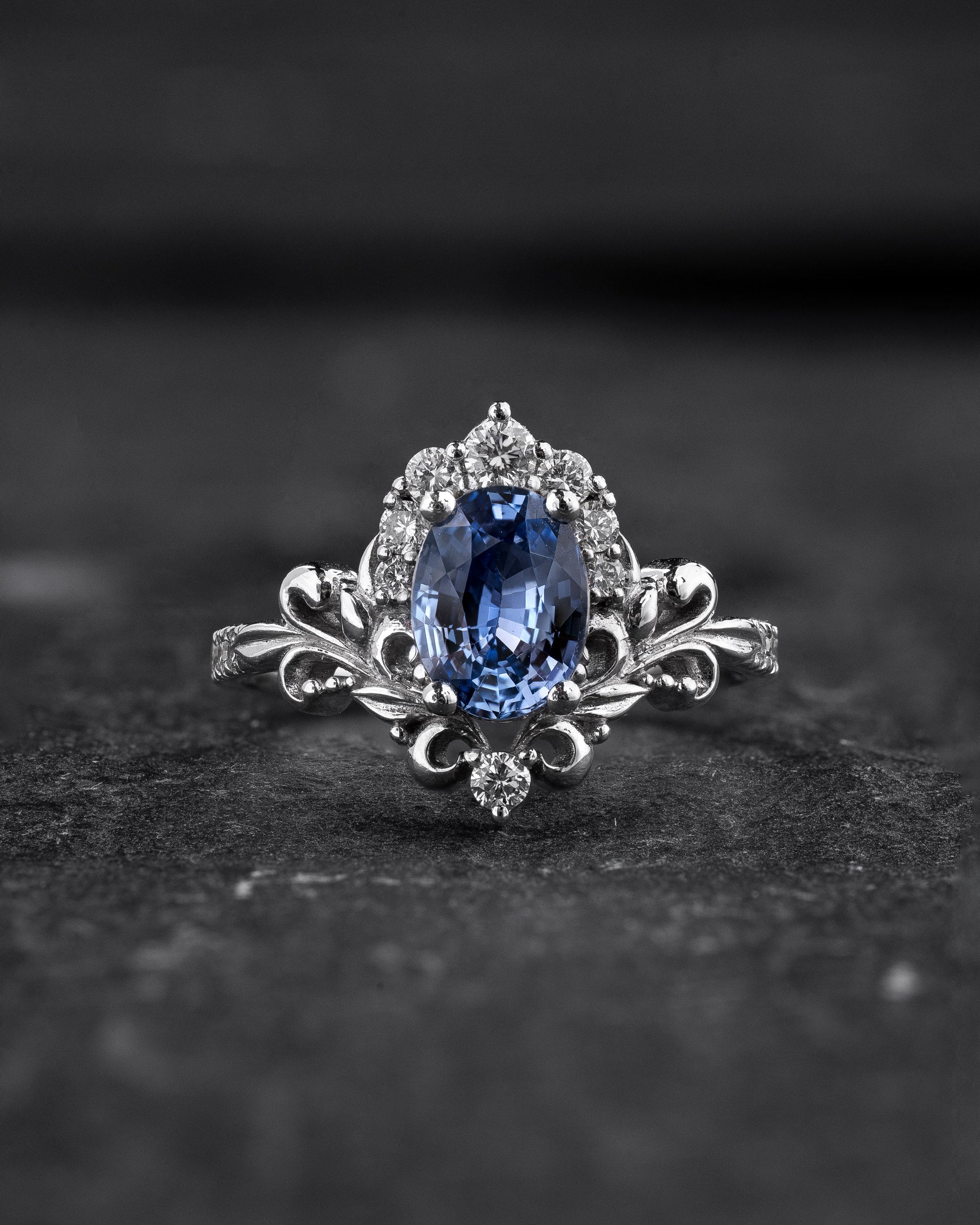 Bridal Set with Oval Blue (Natural) Sapphire and Diamond Crown / Sophie - Eden Garden Jewelry™