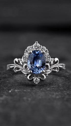 Bridal Set with Oval Blue (Natural) Sapphire and Diamond Crown / Sophie - Eden Garden Jewelry™