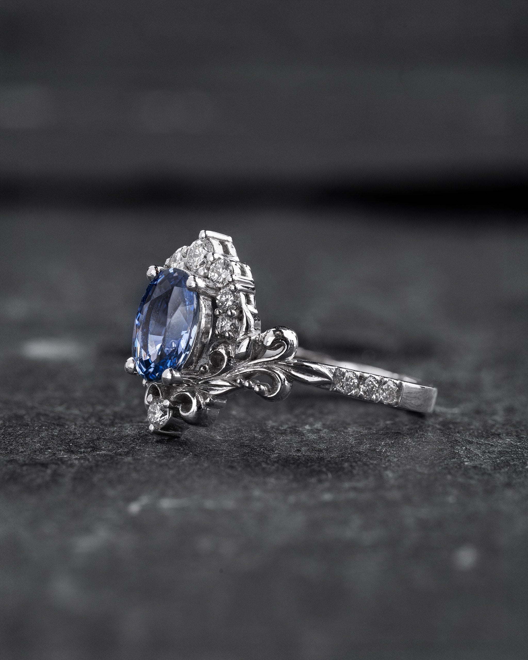 Bridal Set with Oval Blue (Natural) Sapphire and Diamond Crown / Sophie - Eden Garden Jewelry™